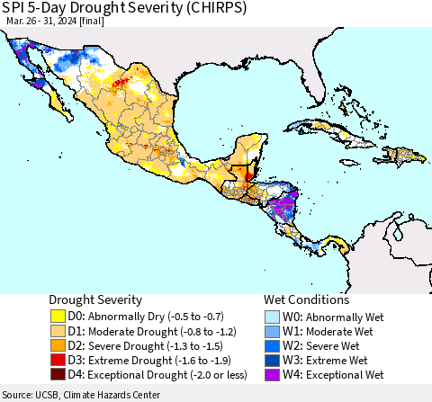 Mexico Central America and the Caribbean SPI 5-Day Drought Severity (CHIRPS) Thematic Map For 3/26/2024 - 3/31/2024