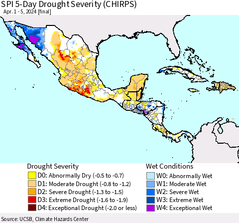 Mexico Central America and the Caribbean SPI 5-Day Drought Severity (CHIRPS) Thematic Map For 4/1/2024 - 4/5/2024