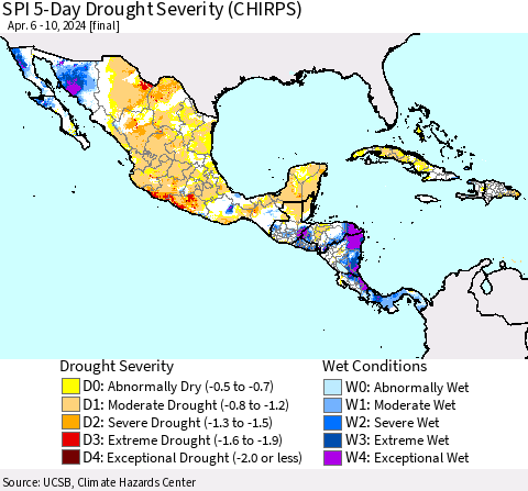 Mexico Central America and the Caribbean SPI 5-Day Drought Severity (CHIRPS) Thematic Map For 4/6/2024 - 4/10/2024