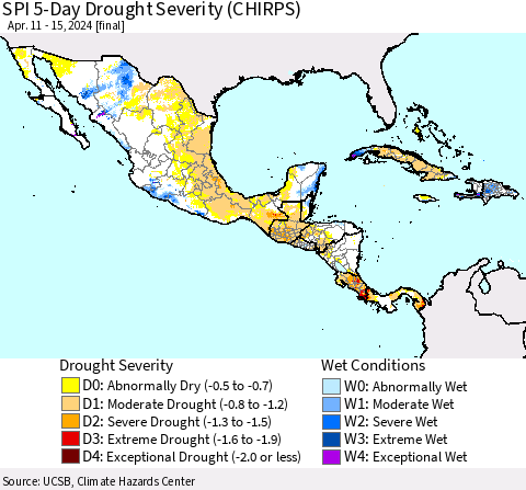 Mexico Central America and the Caribbean SPI 5-Day Drought Severity (CHIRPS) Thematic Map For 4/11/2024 - 4/15/2024