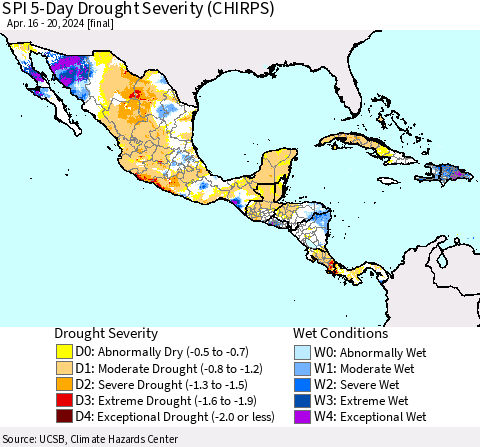Mexico Central America and the Caribbean SPI 5-Day Drought Severity (CHIRPS) Thematic Map For 4/16/2024 - 4/20/2024