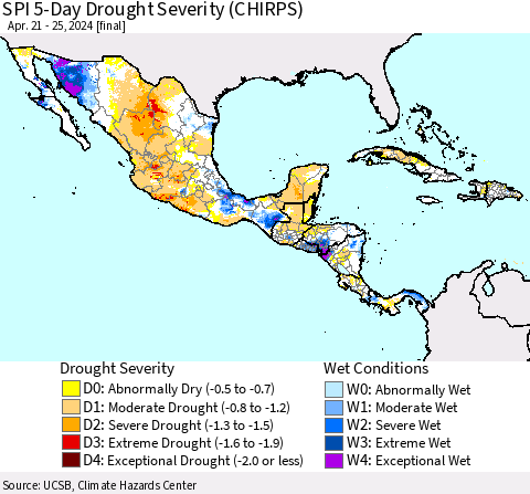 Mexico Central America and the Caribbean SPI 5-Day Drought Severity (CHIRPS) Thematic Map For 4/21/2024 - 4/25/2024