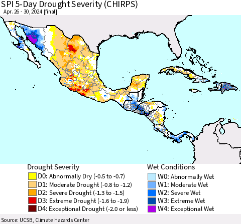 Mexico Central America and the Caribbean SPI 5-Day Drought Severity (CHIRPS) Thematic Map For 4/26/2024 - 4/30/2024