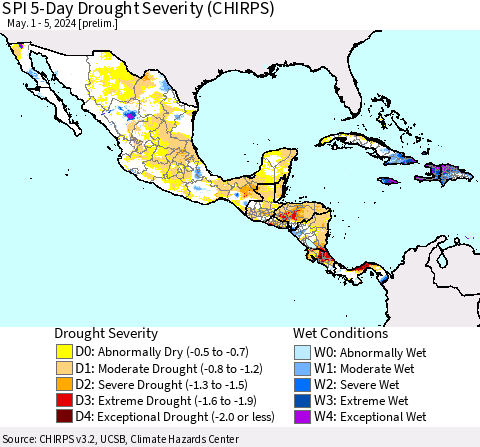 Mexico Central America and the Caribbean SPI 5-Day Drought Severity (CHIRPS) Thematic Map For 5/1/2024 - 5/5/2024