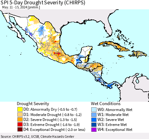 Mexico Central America and the Caribbean SPI 5-Day Drought Severity (CHIRPS) Thematic Map For 5/11/2024 - 5/15/2024