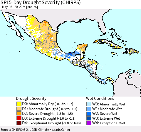 Mexico Central America and the Caribbean SPI 5-Day Drought Severity (CHIRPS) Thematic Map For 5/16/2024 - 5/20/2024