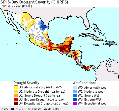 Mexico Central America and the Caribbean SPI 5-Day Drought Severity (CHIRPS) Thematic Map For 5/26/2024 - 5/31/2024