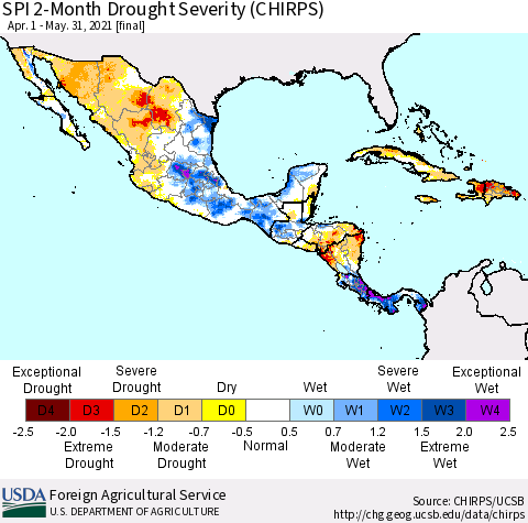Mexico Central America and the Caribbean SPI 2-Month Drought Severity (CHIRPS) Thematic Map For 4/1/2021 - 5/31/2021