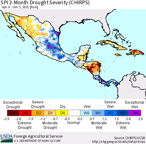Mexico Central America and the Caribbean SPI 2-Month Drought Severity (CHIRPS) Thematic Map For 4/6/2021 - 6/5/2021