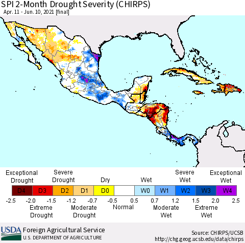 Mexico Central America and the Caribbean SPI 2-Month Drought Severity (CHIRPS) Thematic Map For 4/11/2021 - 6/10/2021