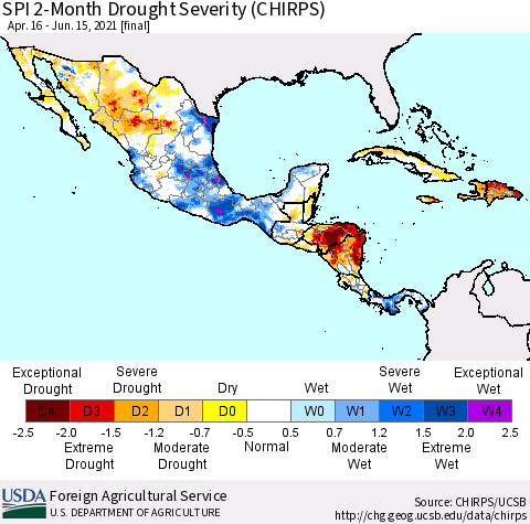 Mexico Central America and the Caribbean SPI 2-Month Drought Severity (CHIRPS) Thematic Map For 4/16/2021 - 6/15/2021
