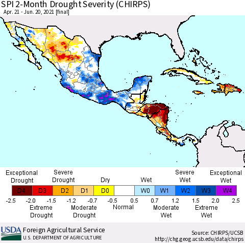 Mexico Central America and the Caribbean SPI 2-Month Drought Severity (CHIRPS) Thematic Map For 4/21/2021 - 6/20/2021