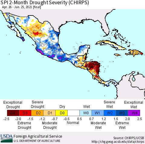 Mexico Central America and the Caribbean SPI 2-Month Drought Severity (CHIRPS) Thematic Map For 4/26/2021 - 6/25/2021