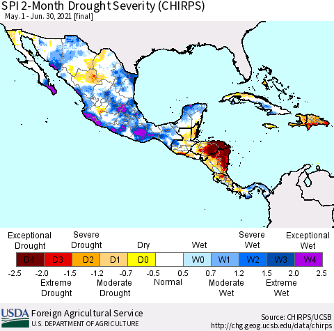 Mexico Central America and the Caribbean SPI 2-Month Drought Severity (CHIRPS) Thematic Map For 5/1/2021 - 6/30/2021