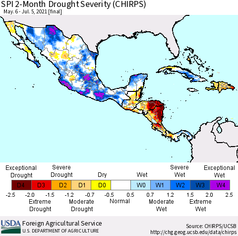 Mexico Central America and the Caribbean SPI 2-Month Drought Severity (CHIRPS) Thematic Map For 5/6/2021 - 7/5/2021