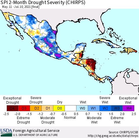 Mexico Central America and the Caribbean SPI 2-Month Drought Severity (CHIRPS) Thematic Map For 5/11/2021 - 7/10/2021