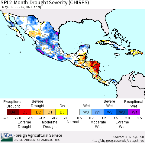 Mexico Central America and the Caribbean SPI 2-Month Drought Severity (CHIRPS) Thematic Map For 5/16/2021 - 7/15/2021