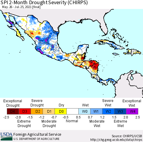 Mexico Central America and the Caribbean SPI 2-Month Drought Severity (CHIRPS) Thematic Map For 5/26/2021 - 7/25/2021