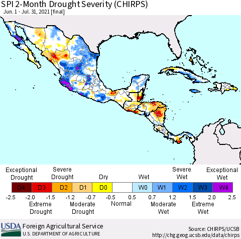 Mexico Central America and the Caribbean SPI 2-Month Drought Severity (CHIRPS) Thematic Map For 6/1/2021 - 7/31/2021