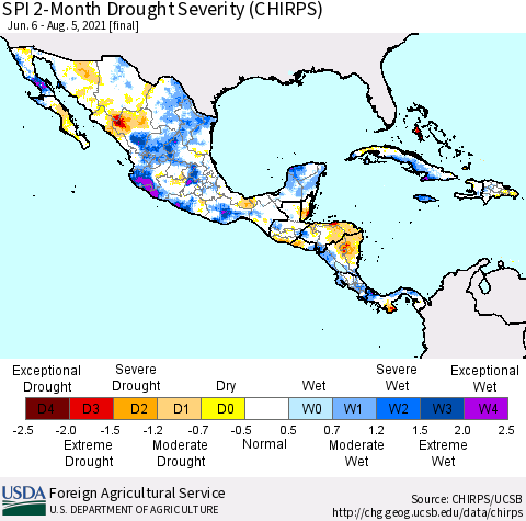 Mexico Central America and the Caribbean SPI 2-Month Drought Severity (CHIRPS) Thematic Map For 6/6/2021 - 8/5/2021