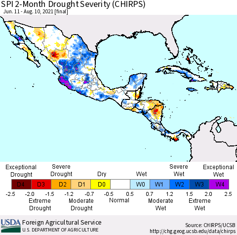Mexico Central America and the Caribbean SPI 2-Month Drought Severity (CHIRPS) Thematic Map For 6/11/2021 - 8/10/2021