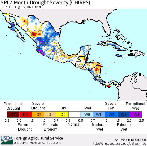 Mexico Central America and the Caribbean SPI 2-Month Drought Severity (CHIRPS) Thematic Map For 6/16/2021 - 8/15/2021