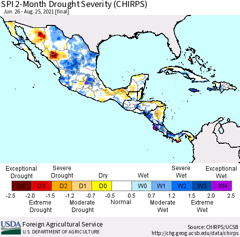 Mexico Central America and the Caribbean SPI 2-Month Drought Severity (CHIRPS) Thematic Map For 6/26/2021 - 8/25/2021