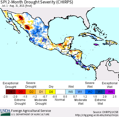 Mexico Central America and the Caribbean SPI 2-Month Drought Severity (CHIRPS) Thematic Map For 7/1/2021 - 8/31/2021
