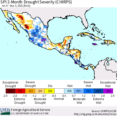 Mexico Central America and the Caribbean SPI 2-Month Drought Severity (CHIRPS) Thematic Map For 7/6/2021 - 9/5/2021