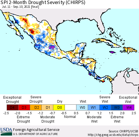 Mexico Central America and the Caribbean SPI 2-Month Drought Severity (CHIRPS) Thematic Map For 7/11/2021 - 9/10/2021