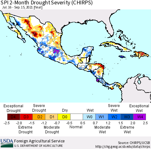 Mexico Central America and the Caribbean SPI 2-Month Drought Severity (CHIRPS) Thematic Map For 7/16/2021 - 9/15/2021