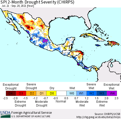 Mexico Central America and the Caribbean SPI 2-Month Drought Severity (CHIRPS) Thematic Map For 7/21/2021 - 9/20/2021