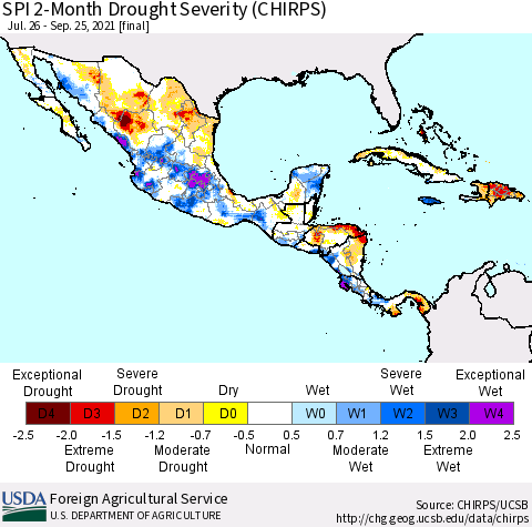 Mexico Central America and the Caribbean SPI 2-Month Drought Severity (CHIRPS) Thematic Map For 7/26/2021 - 9/25/2021