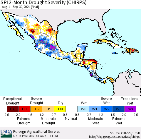 Mexico Central America and the Caribbean SPI 2-Month Drought Severity (CHIRPS) Thematic Map For 8/1/2021 - 9/30/2021