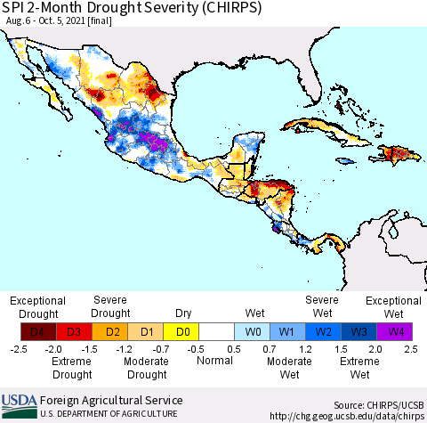 Mexico Central America and the Caribbean SPI 2-Month Drought Severity (CHIRPS) Thematic Map For 8/6/2021 - 10/5/2021