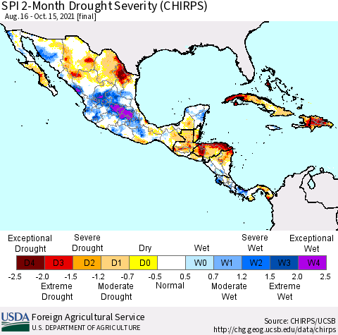 Mexico Central America and the Caribbean SPI 2-Month Drought Severity (CHIRPS) Thematic Map For 8/16/2021 - 10/15/2021