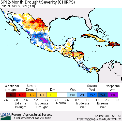Mexico Central America and the Caribbean SPI 2-Month Drought Severity (CHIRPS) Thematic Map For 8/21/2021 - 10/20/2021