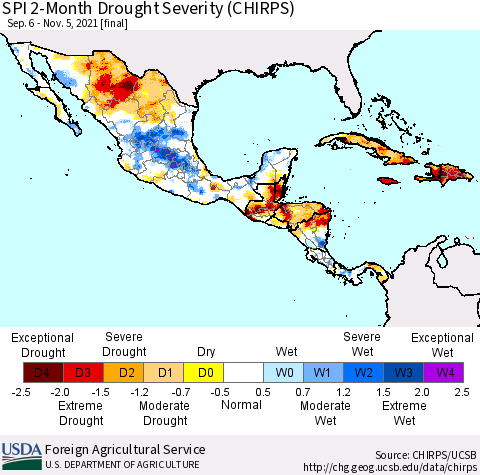 Mexico Central America and the Caribbean SPI 2-Month Drought Severity (CHIRPS) Thematic Map For 9/6/2021 - 11/5/2021