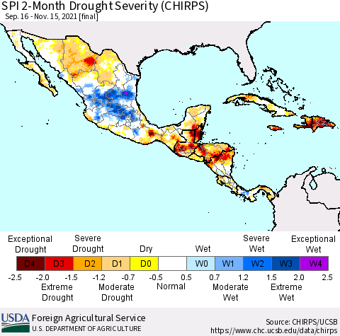 Mexico Central America and the Caribbean SPI 2-Month Drought Severity (CHIRPS) Thematic Map For 9/16/2021 - 11/15/2021