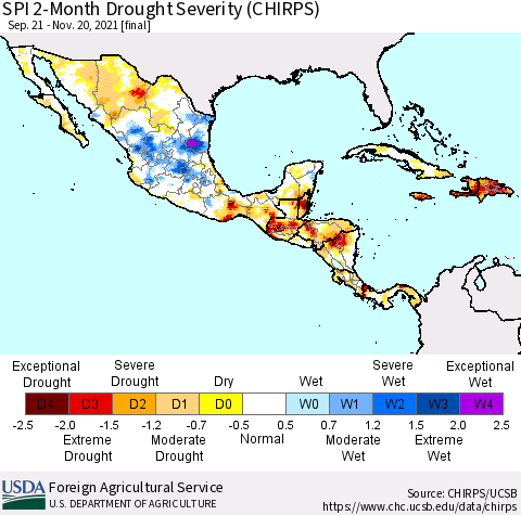 Mexico Central America and the Caribbean SPI 2-Month Drought Severity (CHIRPS) Thematic Map For 9/21/2021 - 11/20/2021