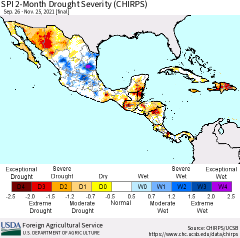 Mexico Central America and the Caribbean SPI 2-Month Drought Severity (CHIRPS) Thematic Map For 9/26/2021 - 11/25/2021