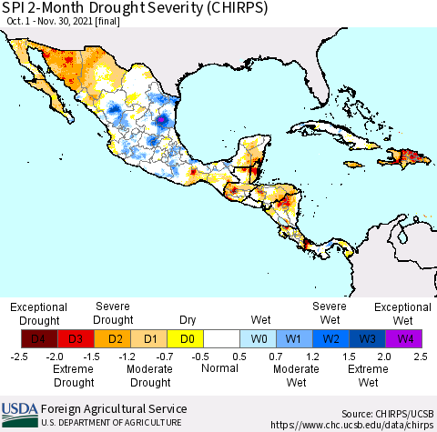 Mexico Central America and the Caribbean SPI 2-Month Drought Severity (CHIRPS) Thematic Map For 10/1/2021 - 11/30/2021