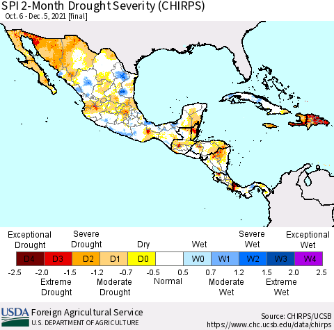 Mexico Central America and the Caribbean SPI 2-Month Drought Severity (CHIRPS) Thematic Map For 10/6/2021 - 12/5/2021