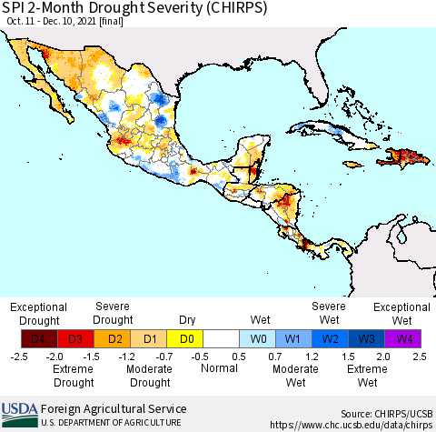 Mexico Central America and the Caribbean SPI 2-Month Drought Severity (CHIRPS) Thematic Map For 10/11/2021 - 12/10/2021