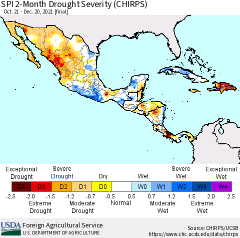 Mexico Central America and the Caribbean SPI 2-Month Drought Severity (CHIRPS) Thematic Map For 10/21/2021 - 12/20/2021