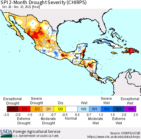 Mexico Central America and the Caribbean SPI 2-Month Drought Severity (CHIRPS) Thematic Map For 10/26/2021 - 12/25/2021