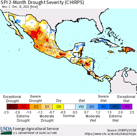 Mexico Central America and the Caribbean SPI 2-Month Drought Severity (CHIRPS) Thematic Map For 11/1/2021 - 12/31/2021