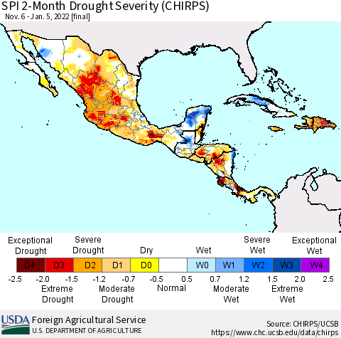 Mexico Central America and the Caribbean SPI 2-Month Drought Severity (CHIRPS) Thematic Map For 11/6/2021 - 1/5/2022