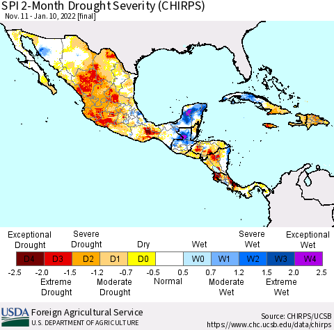 Mexico Central America and the Caribbean SPI 2-Month Drought Severity (CHIRPS) Thematic Map For 11/11/2021 - 1/10/2022