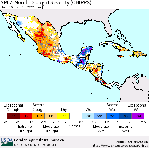 Mexico Central America and the Caribbean SPI 2-Month Drought Severity (CHIRPS) Thematic Map For 11/16/2021 - 1/15/2022